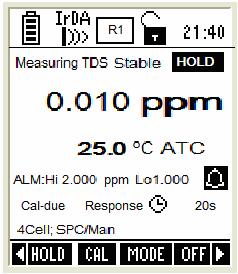 2.4 TDS Measurement Mode In TDS measurement mode, the meter displays TDS and temperature reading. 2.4.1 Indicators in TDS measurement mode 2 Note: Lower display shows 2Cell or 4Cell when a 2-cell or 4-Cell conductivity probe is connected.