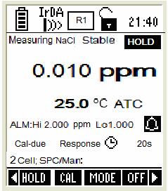 86 Instruction Manual COND 600/610 2.5 Salinity Measurement Mode (Available only in 610 models) In Salinity measurement mode, the meter displays salinity and temperature reading. 2.5.1 Indicators in salinity measurement mode Note: Lower display shows 2Cell or 4Cell when a 2-cell or 4-Cell conductivity probe is connected.