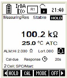 86 Instruction Manual COND 600/610 2.6 Resistivity Measurement Mode (Available only in 610 models) In Resistivity measurement mode, the meter displays resistivity and temperature reading. 2.6.1 Indicators in Resistivity measurement mode 2 Note: Lower display shows 2Cell or 4Cell when a 2-cell or 4-Cell conductivity probe is connected.