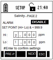 1 Salinity Settings Page 1 Figure 57: Salinity Settings - Page 1 This page allows you to set operating parameters for salinity measurement.