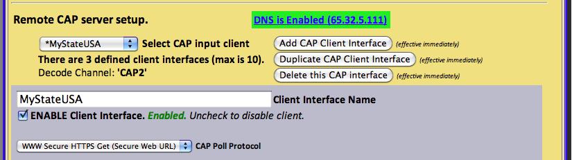 Interfacing with Mystate USA The DASDEC is designed to support a number of CAP Servers even those with dynamic data exchange for updates. The following is an example using a MyState USA configuration.