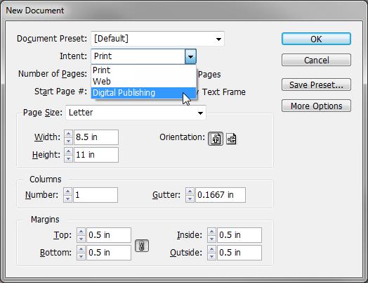 Guide Adobe InDesign How to use Liquid Layout: 1. Choose File > New > Document. The New Document dialog box appears (Figure 3). 2. Select Digital Publishing from the Intent menu.