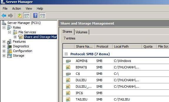 5. Quản lý các Share Resources Click chuột phải lên biểu tượng Conputer ngoài Desktop Chọn Manage chọn vào Role chọn vào file services chọn vào share and storage management Quan sát bên tay phải các
