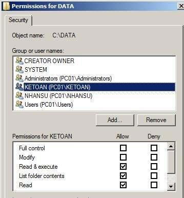mở thư mục c:\data truy cập thành công - Tạo Folder bất kỳ xuất hiện thôngbáo lỗi