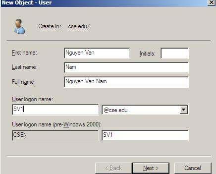 edu chọn New chọn User B2: - First name : Nguyen Van - Last