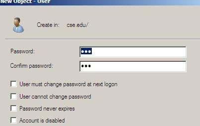 B3: - Password : 123 - Confirm password : 123 Bỏ dấu check User must chang password at next logon chọn next Quan sát thấy User vừa tạo BÀI 7: HOME FOLDER USER PROFILE Trong bài này chúng ta cần có