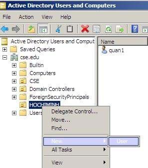 B7: Kiểm tra trên máy PC2 Log on user quan1 trên máy PC2 mở Administrative tool chọn Active Directory