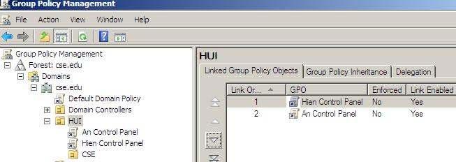 inheritance. Tạo thêm GPO Hien control panel Link GPO này vào Ou HUI.