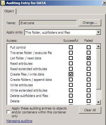 B6: Màn hình Auditing Entry for DATA chọn List folder / read data (Failure) Create files / Wrire data (Successful) chọn Ok 4 lần B7: Xóa security log trong Event Viewer (Thực hiện giống lần 1) Kiểm
