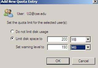 to nhập 100 MB mục Set warning level to nhập 90 MB chọn Ok B7: Trong cửa sổ Quota Entries click chuột phải U2 chọn properties trong