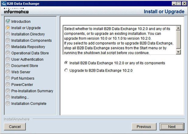 The Install or Upgrade page appears. 5. Select the option to install B2B Data Exchange, and then click Next. The Installation Directory page appears. 6.