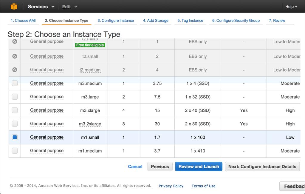 Chapter 4: Launch AKM for AWS The following page is displayed: Use an Instance Type of at least m1.small.