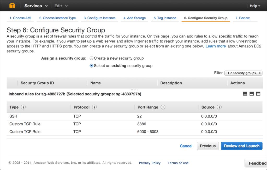 Chapter 4: Launch AKM for AWS The following page is displayed: Configure your Security Group. See below for more information.