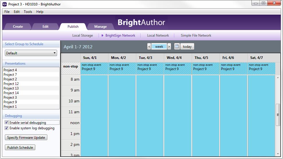 Publishing with BrightSign Network sends presentations and schedules to groups instead of players.