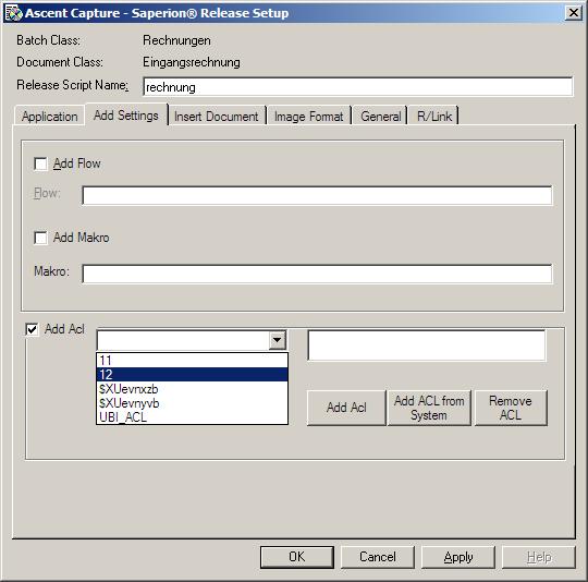 .2 Configuring the SAPERION Release Script Add ACL When the checkbox "Add ACL" is activated selected ACLs will be attached to the documents to be archived.