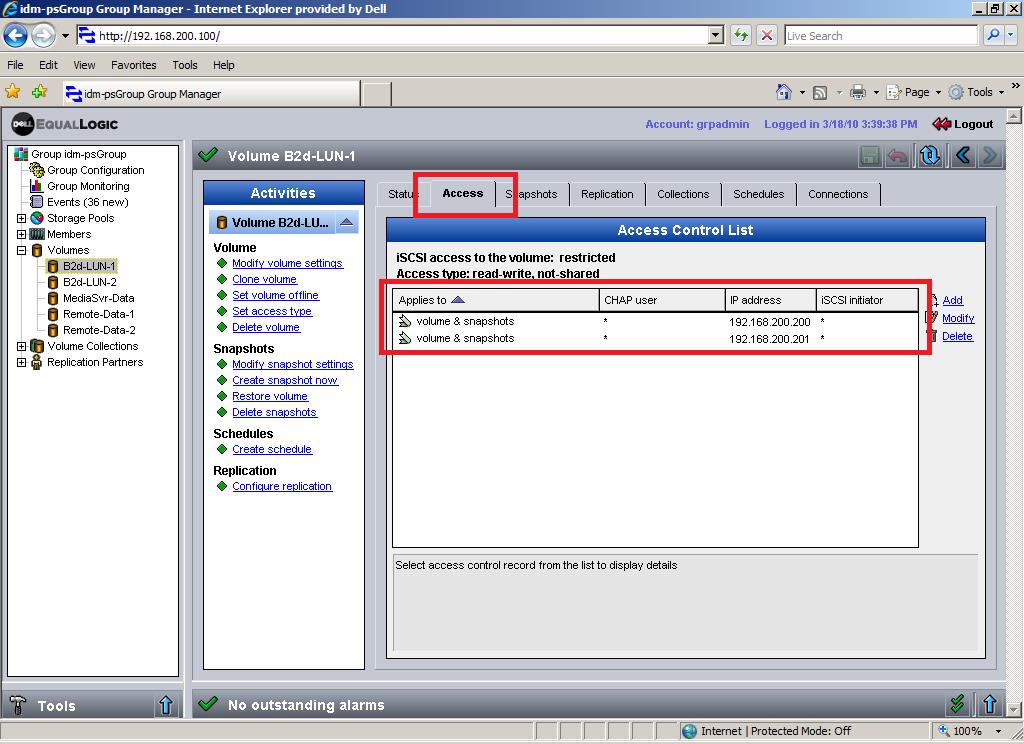 Exposing the EqualLogic volumes to the DL Backup to Disk Appliance This section explains the steps required to enable iscsi access to the EqualLogic Volumes from the DL Backup to Disk appliance.