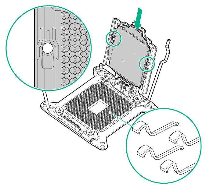 Verify that the processor is fully seated in the processor retaining bracket by visually inspecting the processor installation guides on either side of the processor.