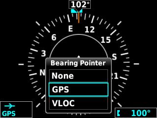 4) Press the Knob and turn to select bearing point source: None, GPS or VLOC, as desired. 3.4.2 Heading/Ground Track Bearing Pointer Source Options The Selected Heading or Ground Track is shown to the right of the HSI.