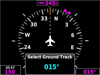 Syncing to the current heading or ground track from the HSI page: Press and hold the Knob to sync to the current heading or