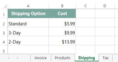 =VLOOKUP( Next, we'll add our arguments. The first argument tells VLOOKUP what to search for. In our example, it will search for the Shipping Option, which we will be typing in cell E6 of our Invoice.