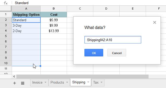 3. Select the data that will appear in the drop-down list, and then click OK.