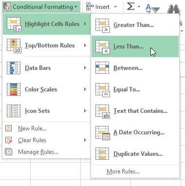 First, make sure the values in column D are selected. Next, we'll need to create a conditional formatting rule that looks for cells containing a value less than zero.