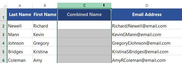 How can we solve this problem quickly? We want the information from the Last Name and First Name column to appear together in the same cell, but it would take a long time to type everything by hand.