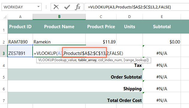 As you can see, the VLOOKUP function isn't searching the full list of products; it's only searching down to row 13.