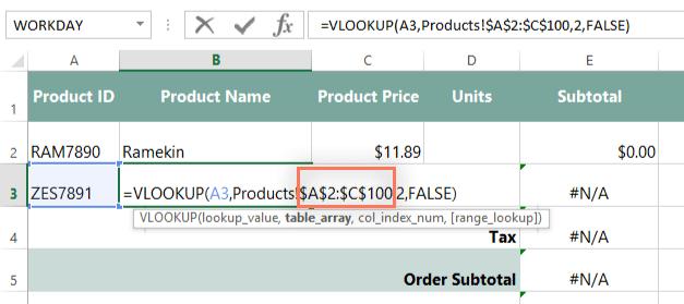 The function will recalculate, and the correct product name should appear: Zester. We'll also make the same correction to the remaining VLOOKUP functions in the spreadsheet: And that's it!