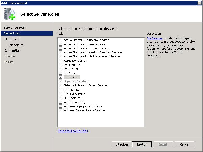 Installing and configuring NFS for SharePoint Granular Recovery About configuring Services for Network File System (NFS) on Windows 2008 and Windows 2008 R2 34 4 On the Select Server Roles page,