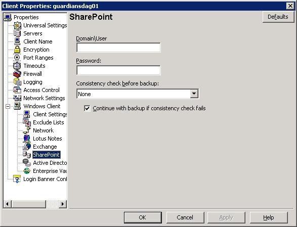 Configuring NetBackup for SharePoint Server Configuring SharePoint client host properties 50 5 Expand Windows Client and click SharePoint. 6 Enable the options you want.
