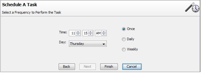 6 Select Scan Only or Parity Verify and press the Next button. 7 Select Once, Daily or Weekly as the frequency of the task. 8 Select the time of day to run the task.