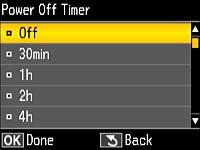 You see this screen: 4. Select Power Off Timer and press the OK button. You see this screen: 5.