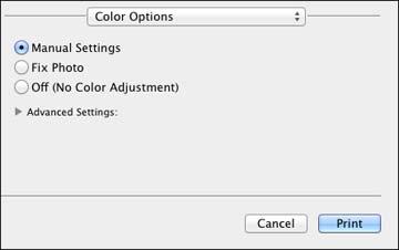 1. Select Color Matching from the pop-up menu in the print window. 2. Select one of the available options. 3. Select Color Options from the pop-up menu in the print window.