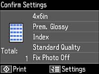 You see a screen like this: 4. To change any of the print settings displayed on the LCD screen, press the menu button, select Print Settings, press the OK button, and select the necessary settings. 5.