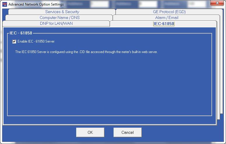 Make sure the checkbox to enable the IEC 61850 Protocol Network server is selected, as shown below. 6. Click OK and then click Update Device to send the settings to the EPM 9900 meter.
