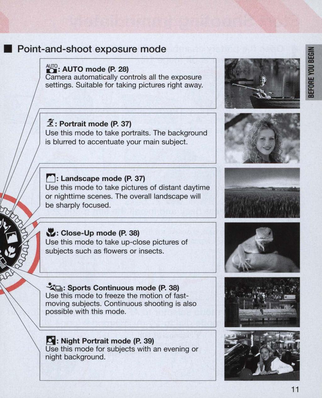 Point-and-shoot exposure mode 8: AUTO mode (P. 28) Camera automatically controls all the exposure settings. Suitable for taking pictures right away. I! i ~ : Portrait mode (P.