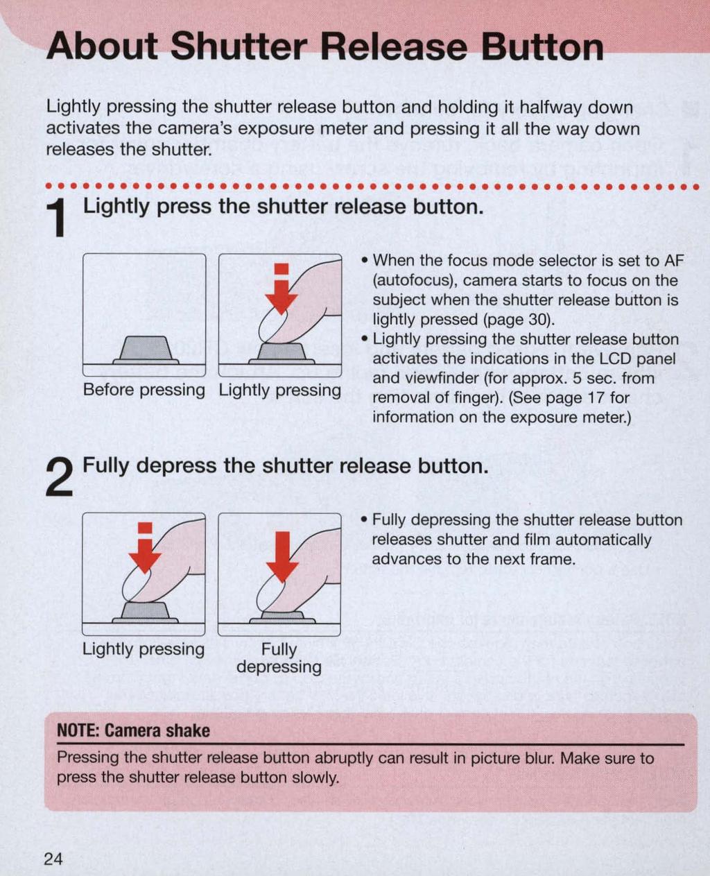 About Shutter Release Button~-- Lightly pressing the shutter release button and holding it halfway down activates the camera's exposure meter and pressing it all the way down releases the shutter.