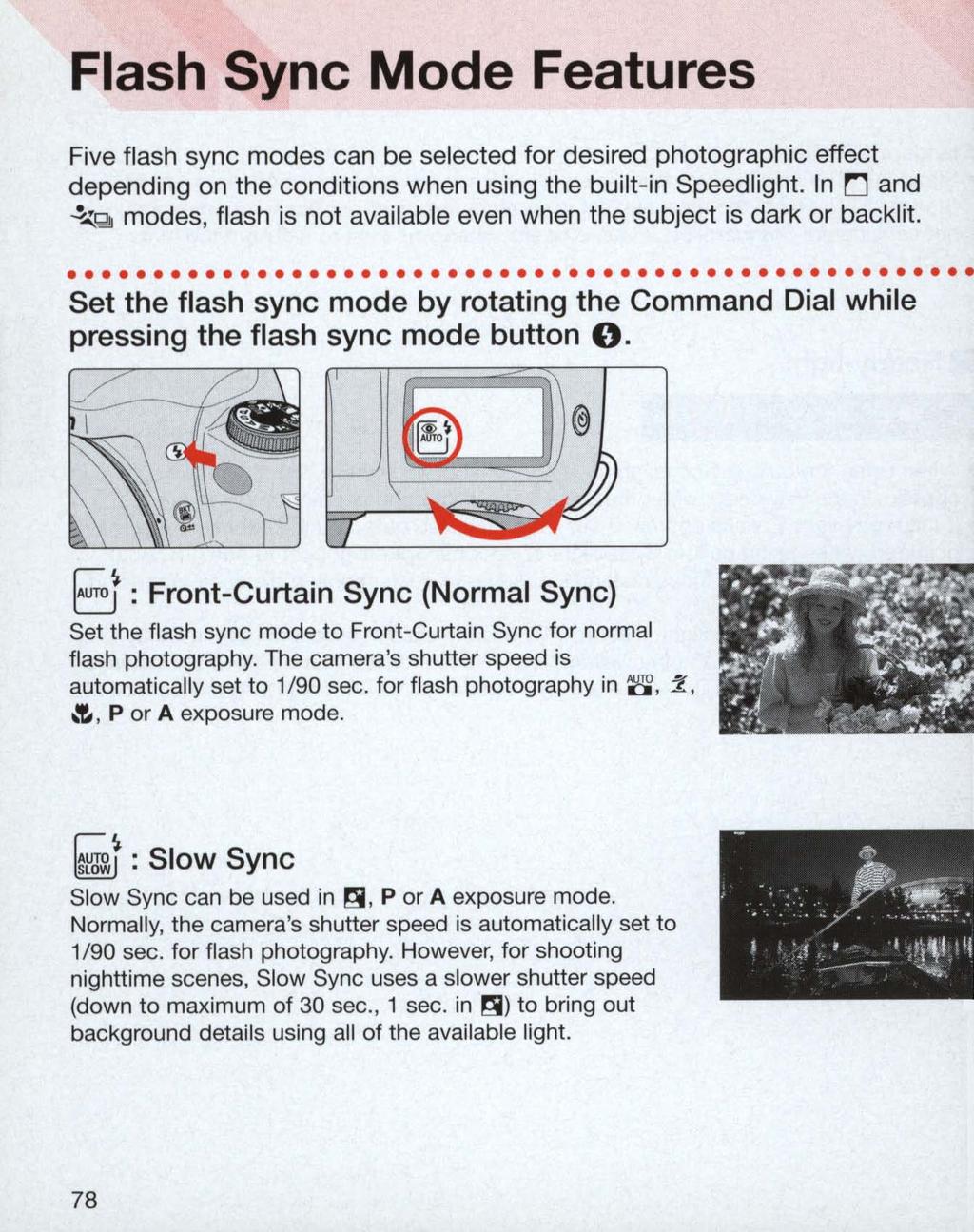 Flash Sync Mode Features Five flash sync modes can be selected for desired photographic effect depending on the conditions when using the built-in Speedlight.