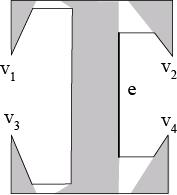 Figure 4. At most, four non intersecting VP of convex vertices can be found (a), but five guards are required (b). Figure 5. Five non intersecting visibility polygons are found.