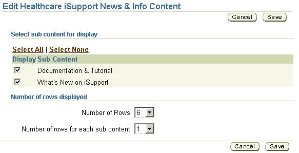 Figure 58 The Edit Content Page for isupport News & Info 2. Select a number from the drop-down list next Number of Rows or next to Number of rows for each sub content.