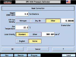 10.9 Head Pressure Correction The correction is accessed from the calibration menu. Four parameters may be set to reflect conditions at the operator s site.