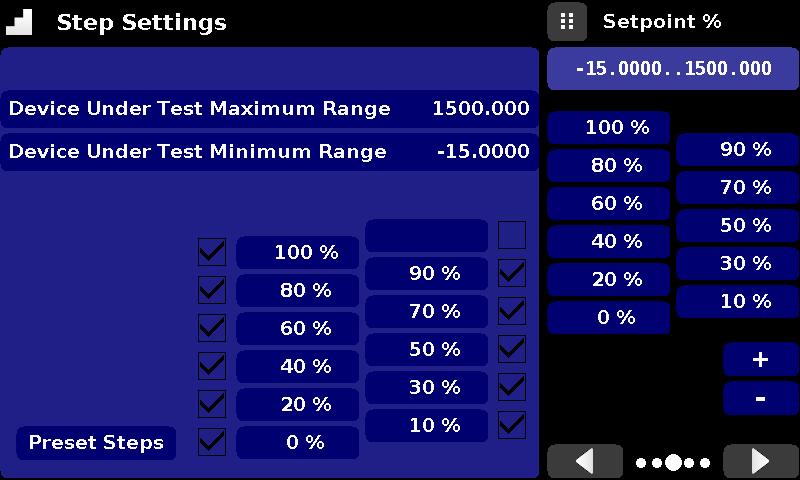 6.4.1.2.3 Percentage Entry The third entry method is the Percentage Entry method (figure 6.4.1.2.3-A) which allows the user to select a setpoint value as a percentage of the pressure range of device under test (DUT).