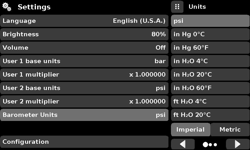 6.4.2.4 User Base Units / Base Units Multiplier When choosing a unit of measure from the Home Application (main screen), standard units can be chosen in addition to two user defined units.