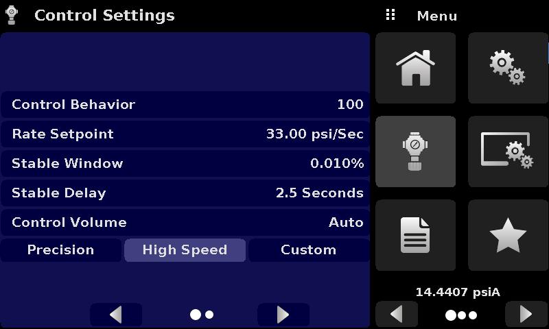 6.4.3 Control Settings Application The Control Settings App allows the user to select and configure the control parameters for the solenoid valve regulator in the instrument.
