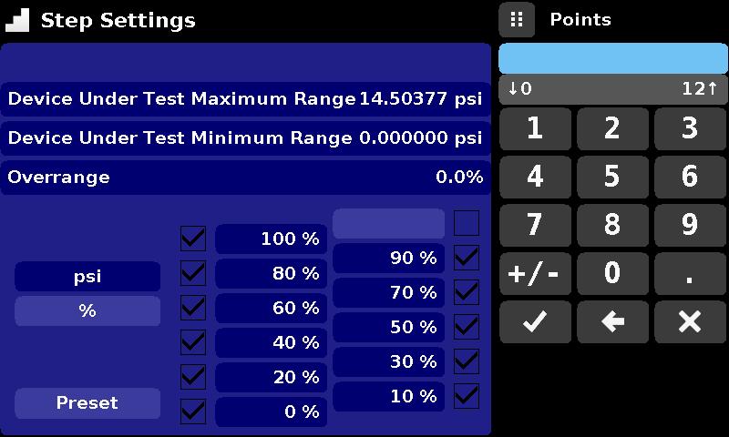 6.4.10.1 Preset Steps The user can have up to 12 different points along the range of the device under test (DUT).