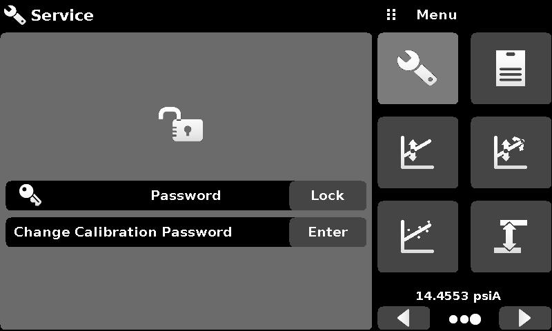 6.4.14 Unlocked Service Application After the Password has been entered, the unlocked Service Application will appear (Figure 6.4.14). To re-lock this screen, press the lock button. Figure 6.4.14 Unlocked Service Application From the Unlocked Service Application, the Password can be changed by pressing the Enter button next to the Change Password label.