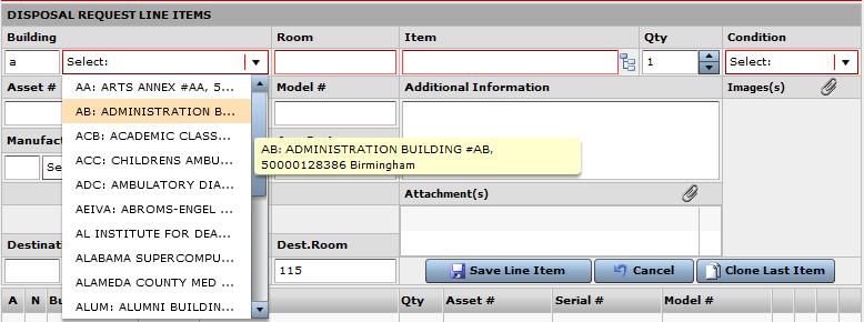 Step 1: Enter the UAB building code in the Building field to indicate the current location of the item.