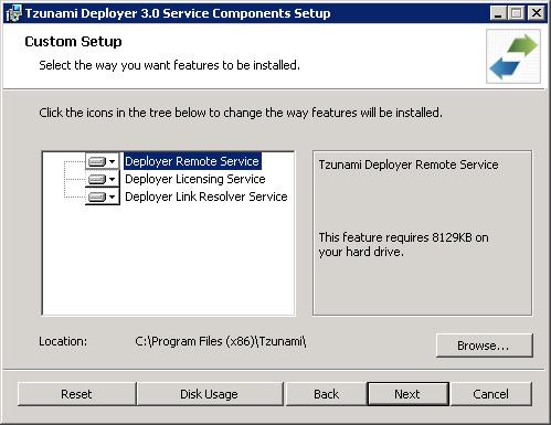 3. In the Custom Setup panel, click the Deployer Remote Service and choose Entire Feature will be installed on local hard drive to install Tzunami Remote Service.