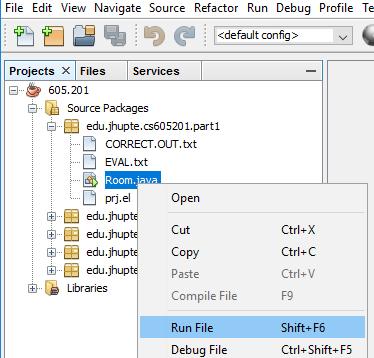 Right-click on the Room.java file and select Run File The following appears in the Output window when the installation is successful Your part1 setup test program output 2.